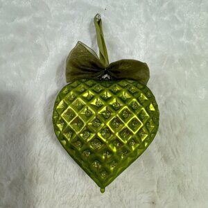 Green Heart-Shaped Glass Ornament With Glitter Accents & Ribbon Bow